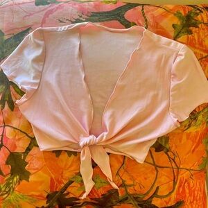 y2k balletcore light pink tie front short sleeve shrug crop top